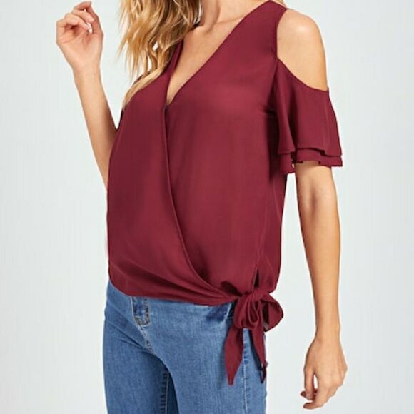 SHEIN Layered Sleeve Cold Shoulder V Neck Wrap Top - Picture 2 of 6